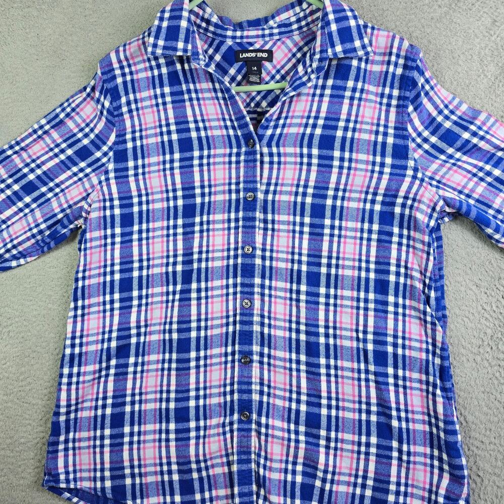 Lands End Flannel Button Shirt Blouse Women's 14 Blue Pink Cottage Farm Ranch - Picture 3 of 9
